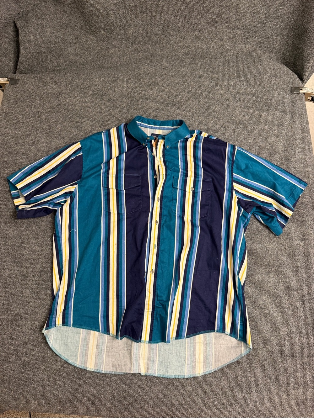 Wrangler Teal Navy Yellow Striped Short Sleeve Dress Shirt
